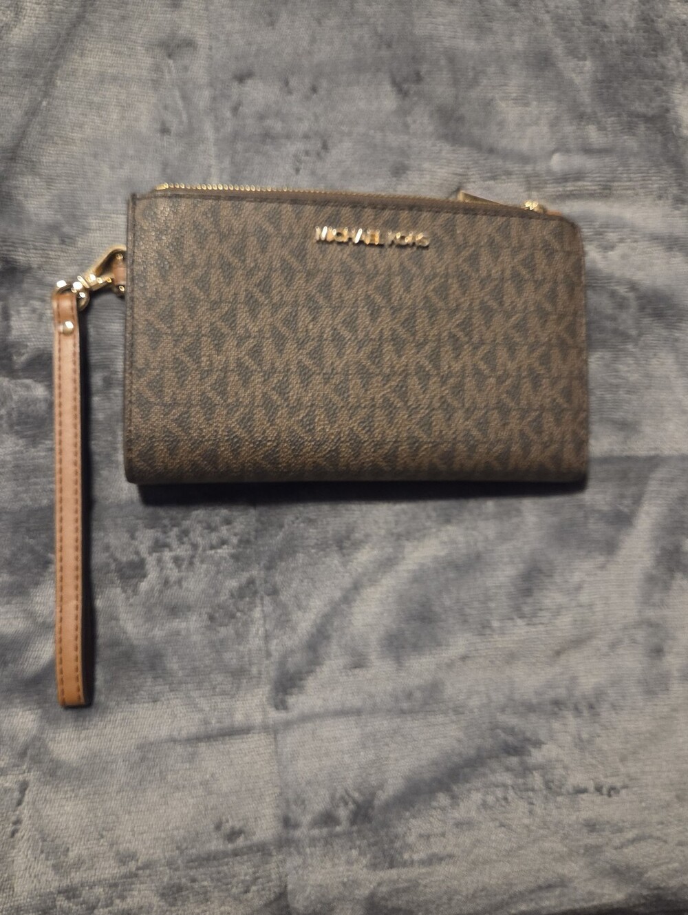 Michael Kors Brown MK Logo Wristlet Clutch with Gold Hardware